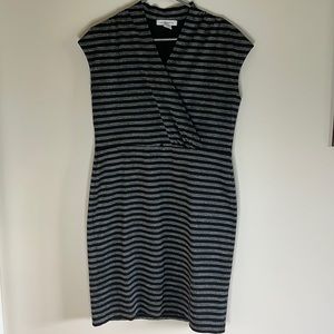 Liz Claiborne Womens Large Gray & Black Strip Stretchy V-Neck Dress